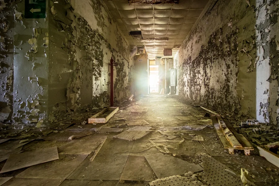 Abandoned corridor in the Chernobyl Exclusion Zone.