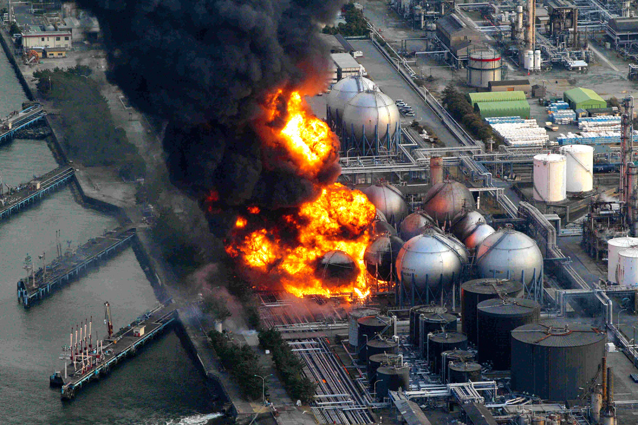 Natural gas containers burn in Japan after the 2011 earthquake devastated the nation.