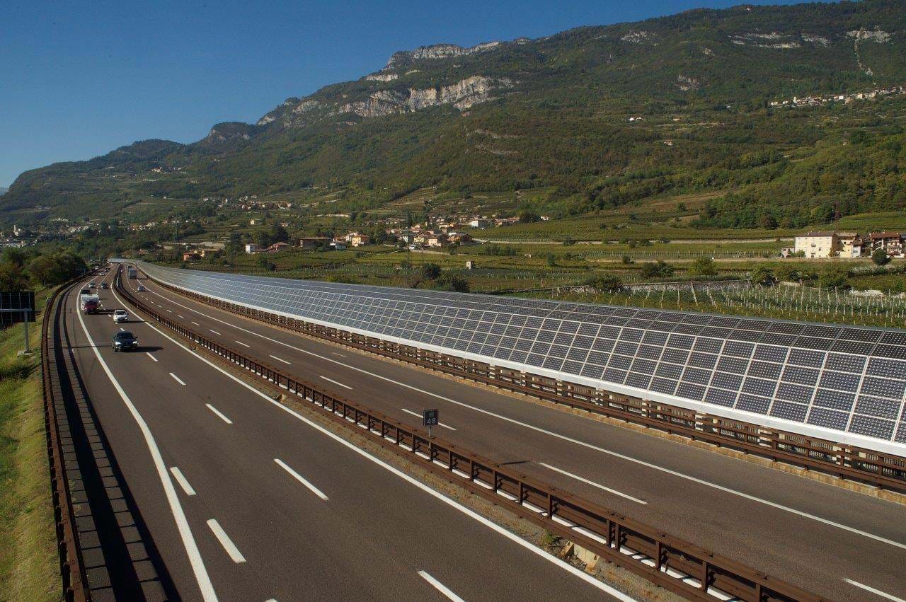A sound barrier equipped with solar cells in Northern Italy.