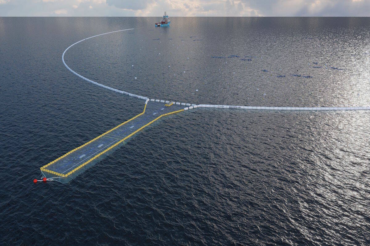 A massive plastic-collecting system deployed in the Great Pacific Garbage Patch by The Ocean Cleanup project.