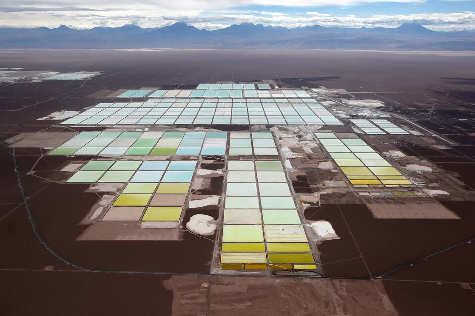 The Soquimich lithium mine evaporation pools on the Atacama salt flat in Chile